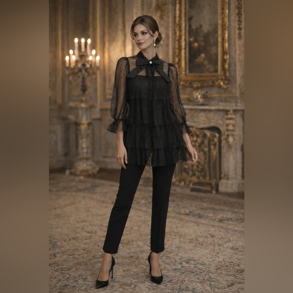 Zara Tops - Zara NWT Black Sheer Tiered Bow Blouse